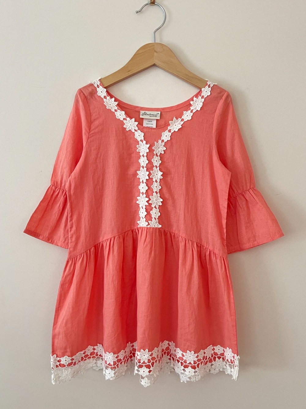 FLOATIMINI NWOT Coral Pink Crochet Lace Sheer Cotton Peplum Tunic Coverup Dress